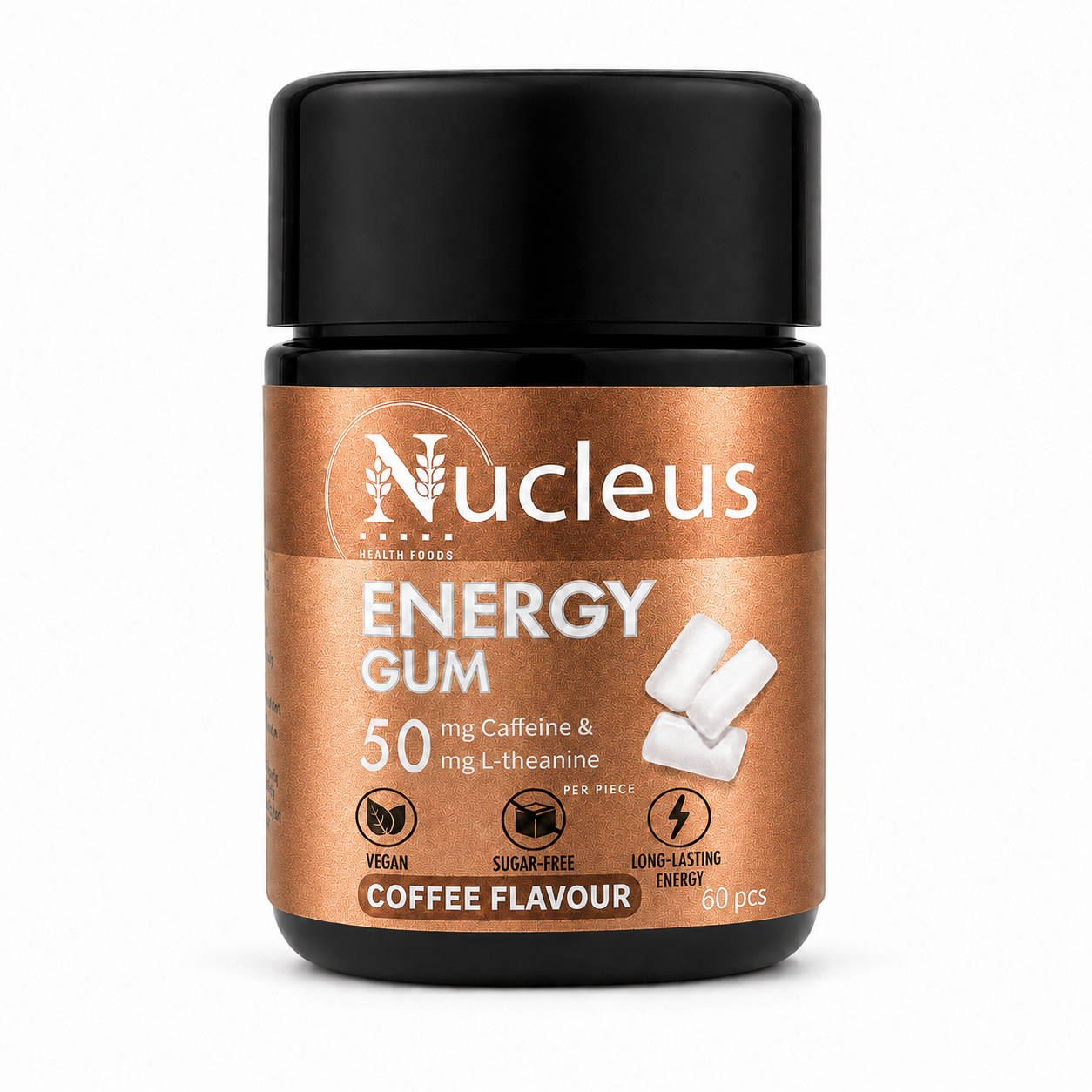 Nucleus Coffee Energy Gum – 50 mg Caffeine + 50 mg L-Theanine – 60 Pieces