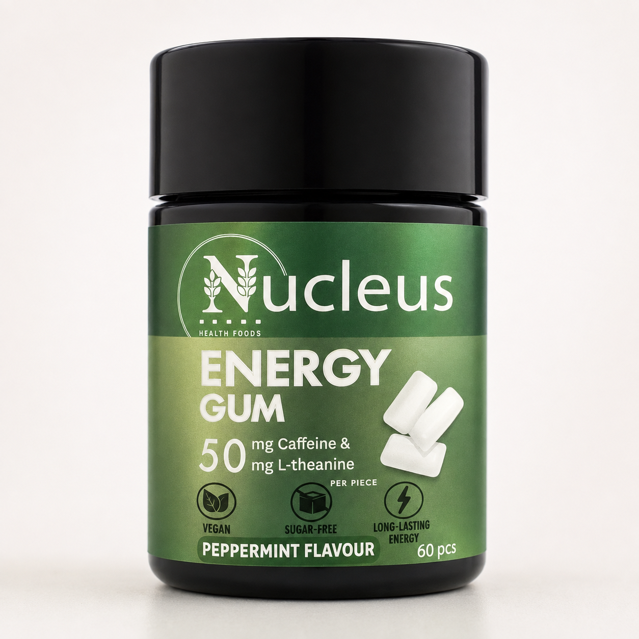 Nucleus Peppermint Energy Gum – 50 mg Caffeine + 50 mg L-Theanine – 60 Pieces