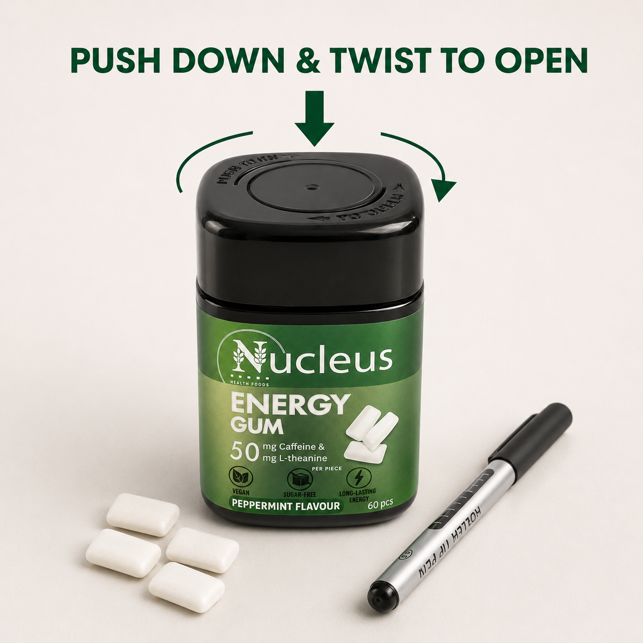 Nucleus Peppermint Energy Gum – 50 mg Caffeine + 50 mg L-Theanine – 60 Pieces