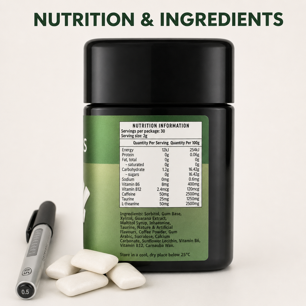 Nucleus Peppermint Energy Gum – 50 mg Caffeine + 50 mg L-Theanine – 60 Pieces