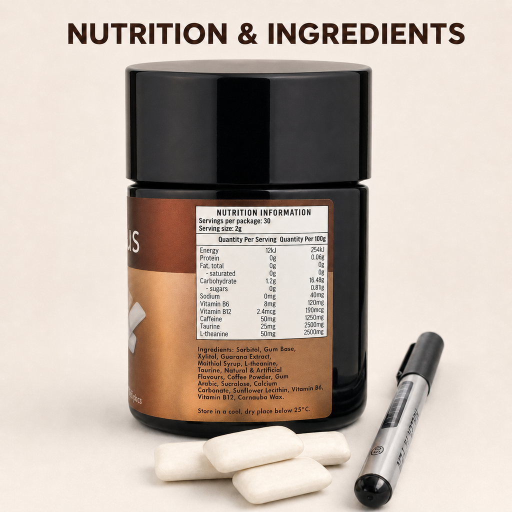 Nucleus Coffee Energy Gum – 50 mg Caffeine + 50 mg L-Theanine – 60 Pieces