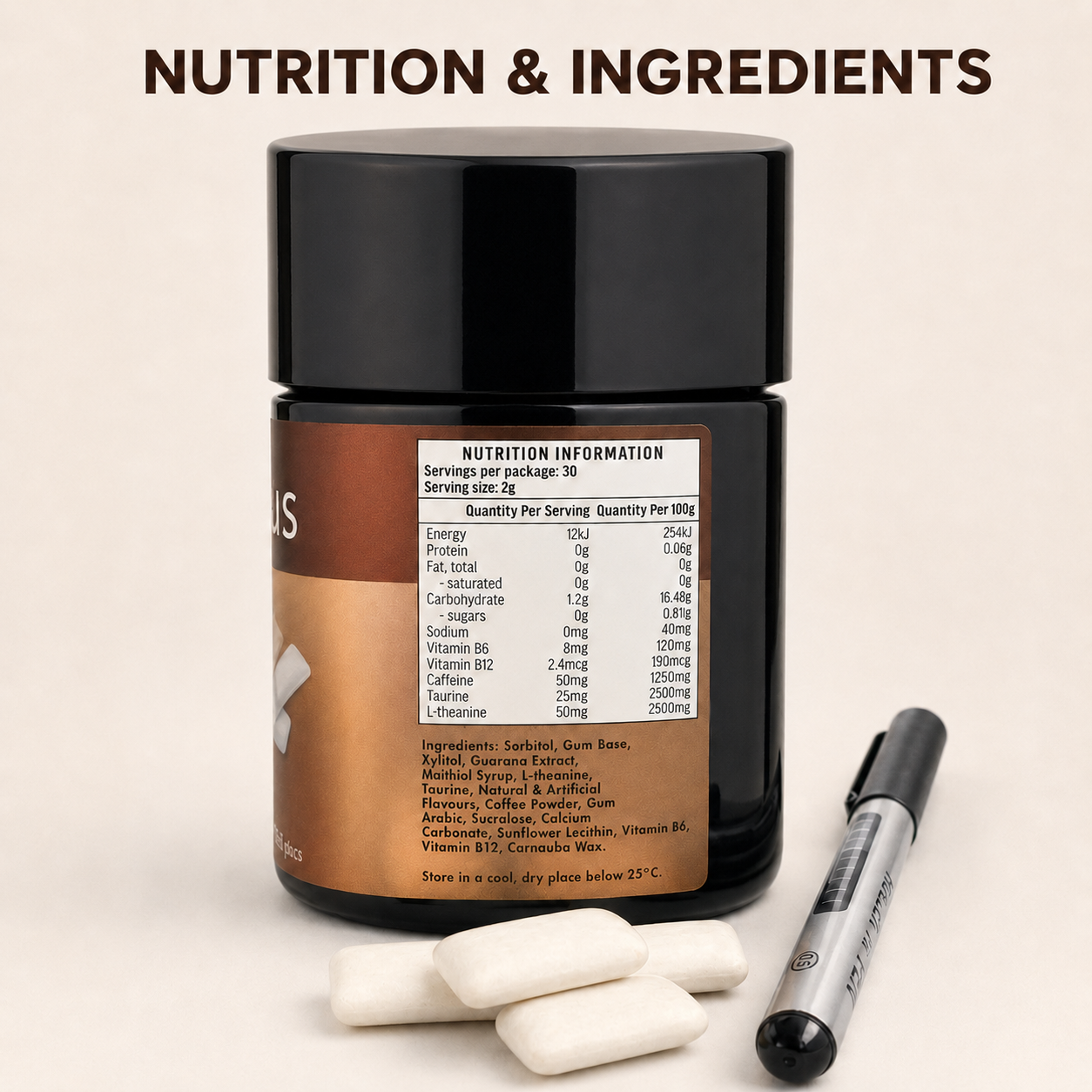 Nucleus Coffee Energy Gum – 50 mg Caffeine + 50 mg L-Theanine – 60 Pieces