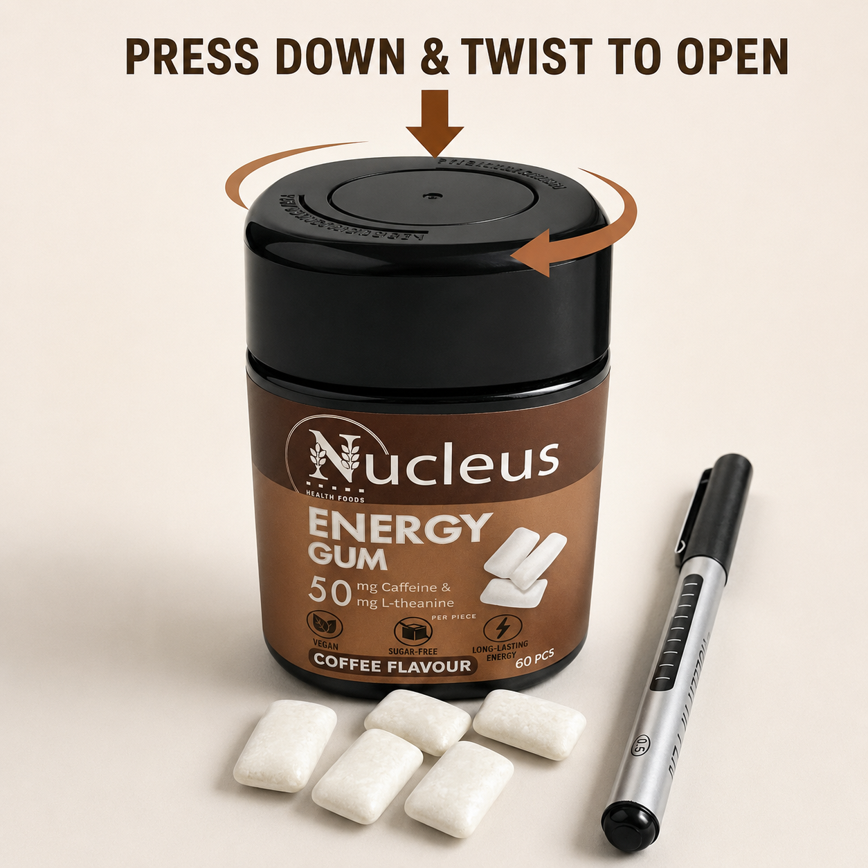 Nucleus Coffee Energy Gum – 50 mg Caffeine + 50 mg L-Theanine – 60 Pieces